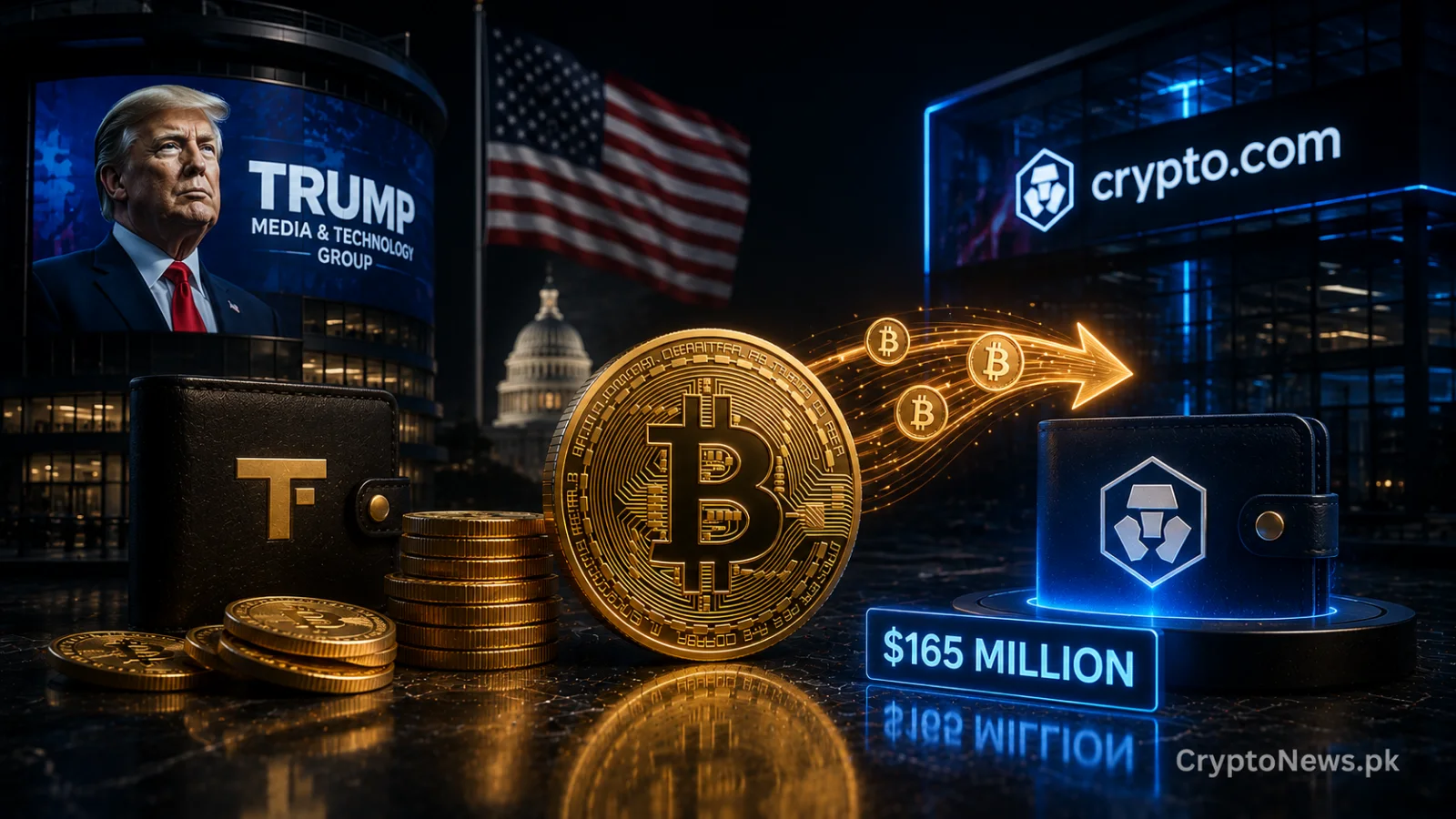 Gold Bitcoin coins moving from Trump Media-linked wallets toward a centralized exchange, illustrating a $165 million treasury transfer