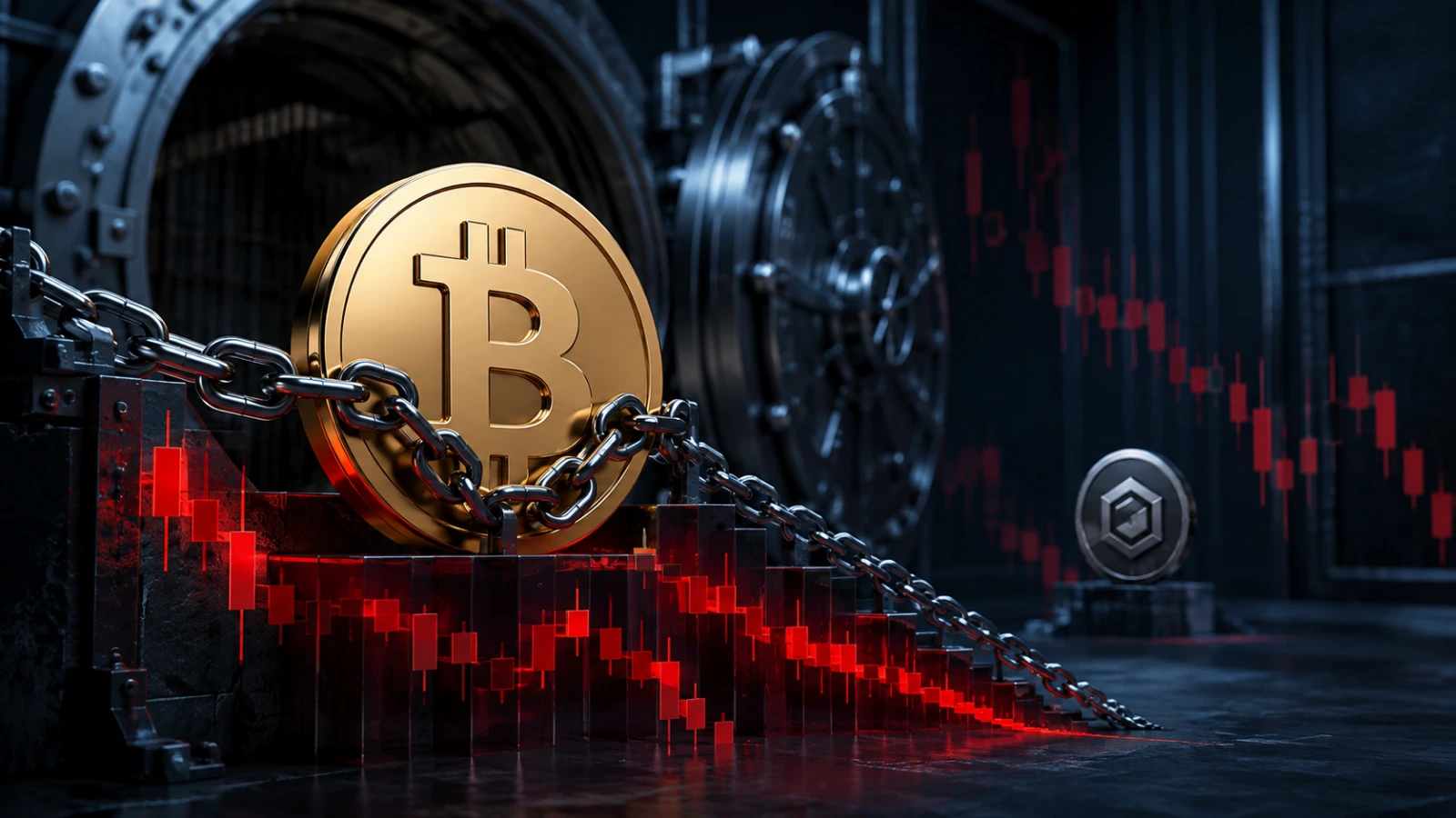 Bitcoin chained to a falling valuation chart as Trump Media reports major digital asset losses.