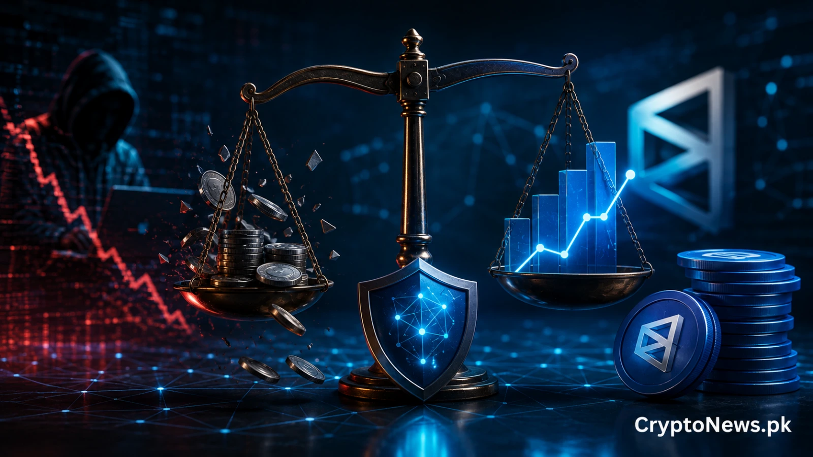 Polymarket strengthens price weighting after multi-million-dollar exploits, illustrated by a security shield, balance scale and prediction market charts