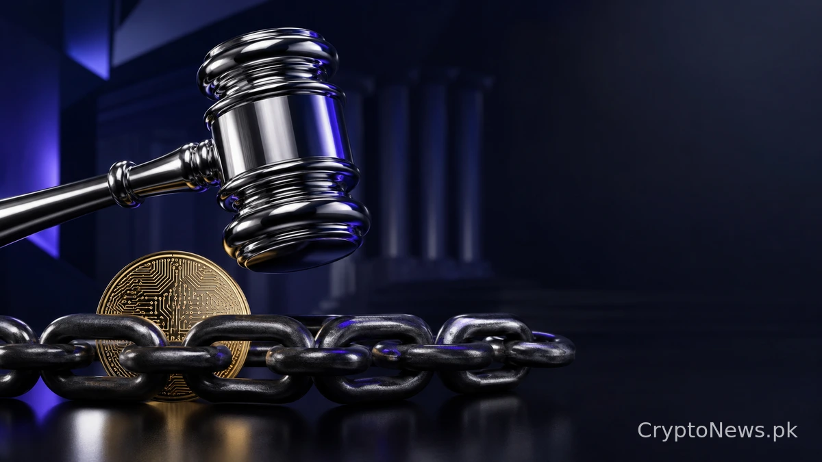 Chrome gavel, forged chain and gold crypto coin symbolize stalled CLARITY Act ethics negotiations.