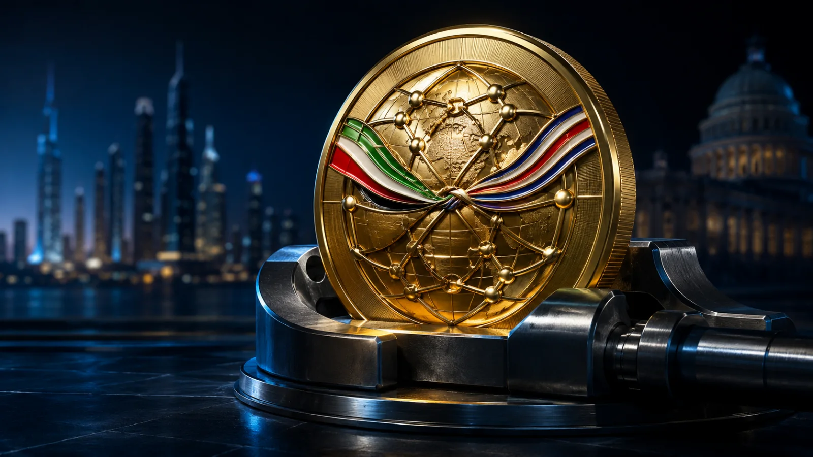 Gold crypto investment medallion symbolizing the UAE-backed stake in a Trump-linked digital asset venture.