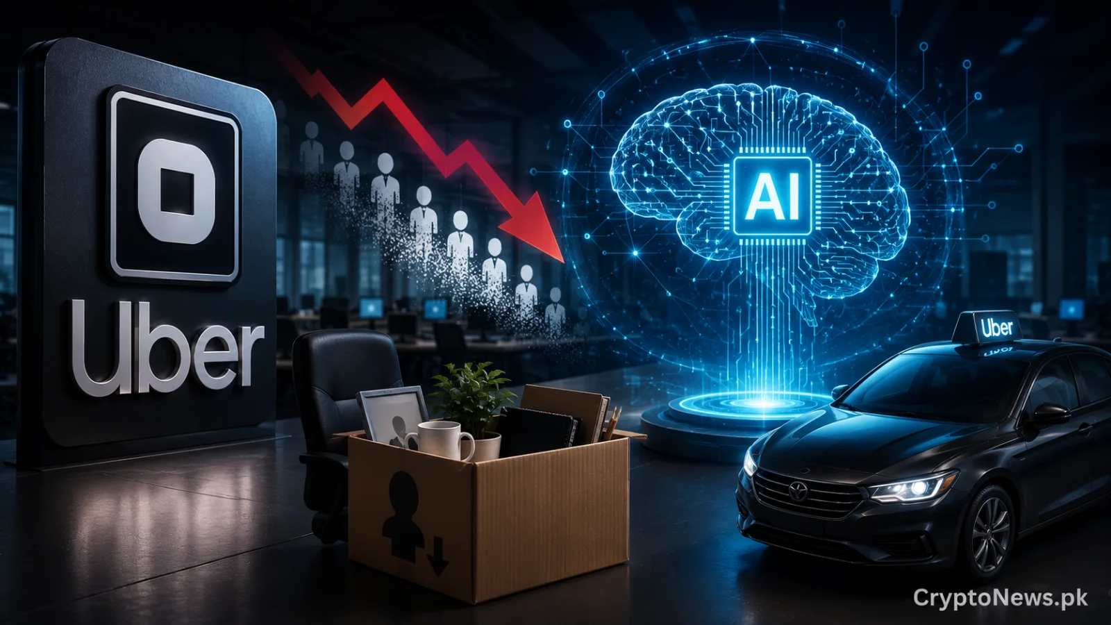 Futuristic AI automation replacing customer support roles in a dark corporate office, symbolizing Uber’s 10 percent workforce reduction