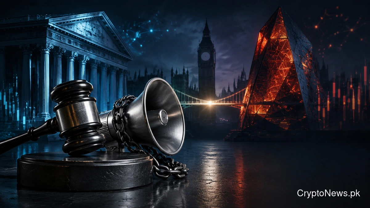 Chained crypto megaphone and judge’s gavel illustrating UK regulatory settlement talks with HTX.