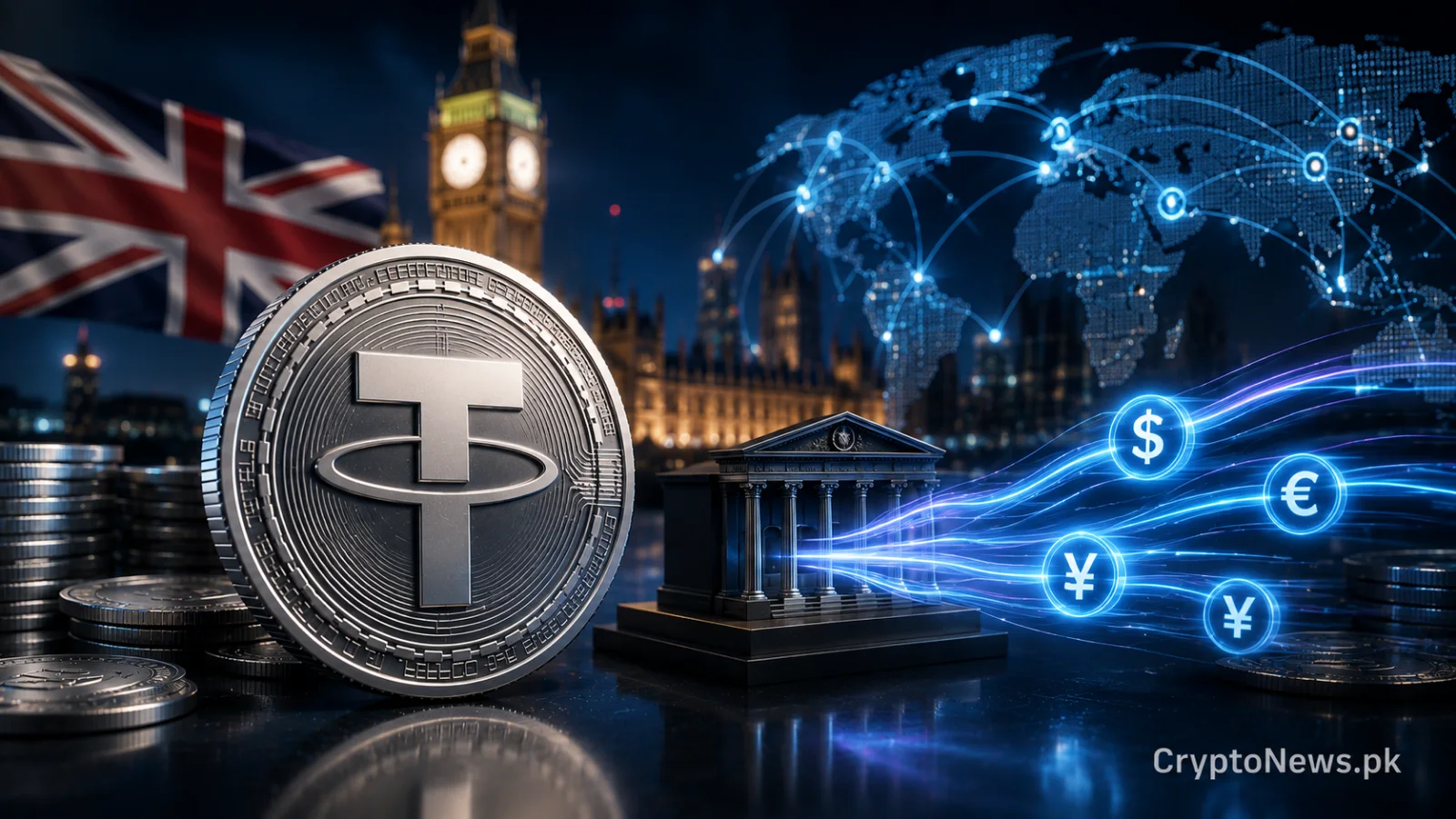 Stablecoin moving through a secure global payment network between the United Kingdom and international markets.