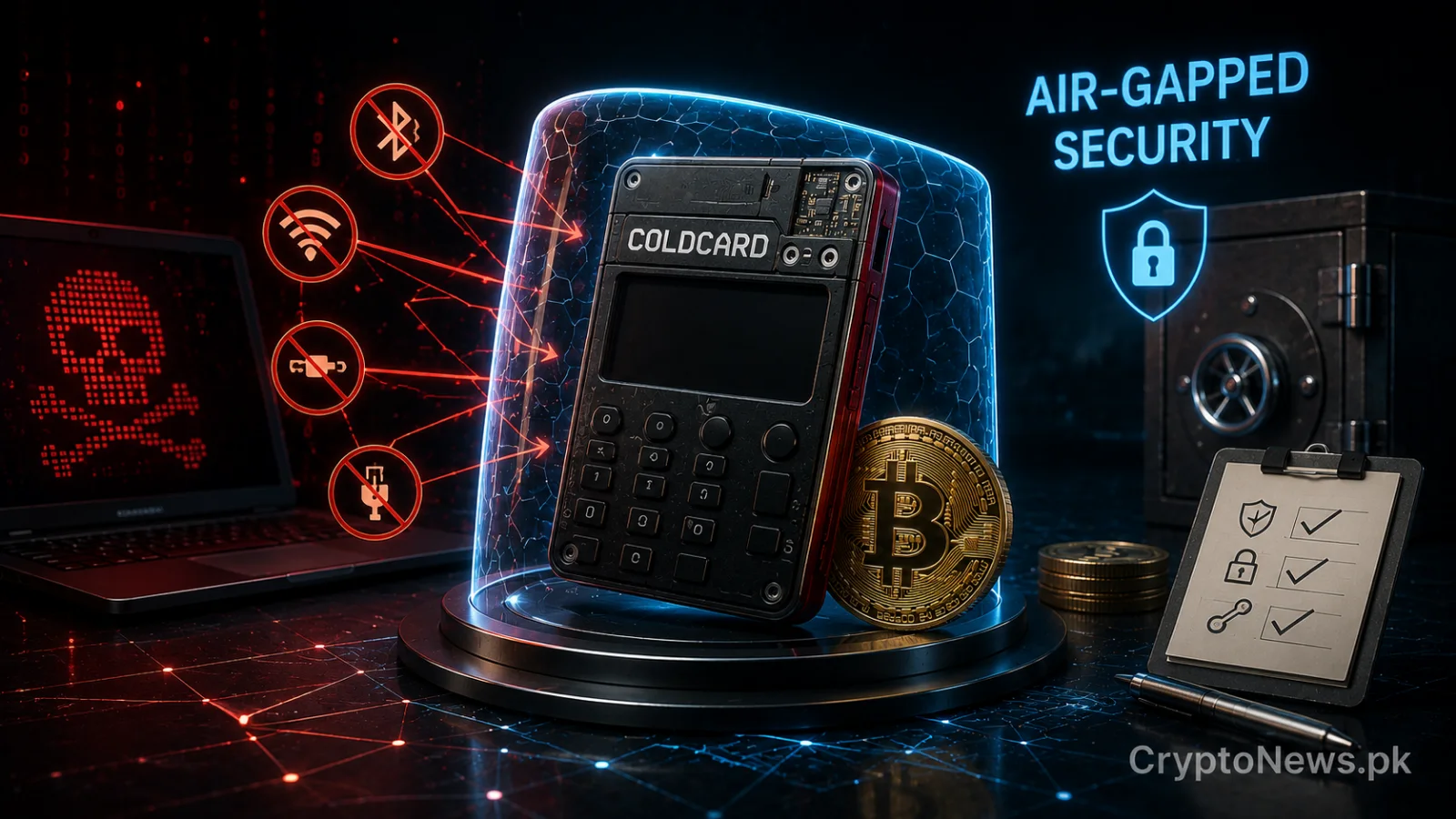 Air-gapped Bitcoin hardware wallet protected by layered security while physical and supply-chain risks remain visible.