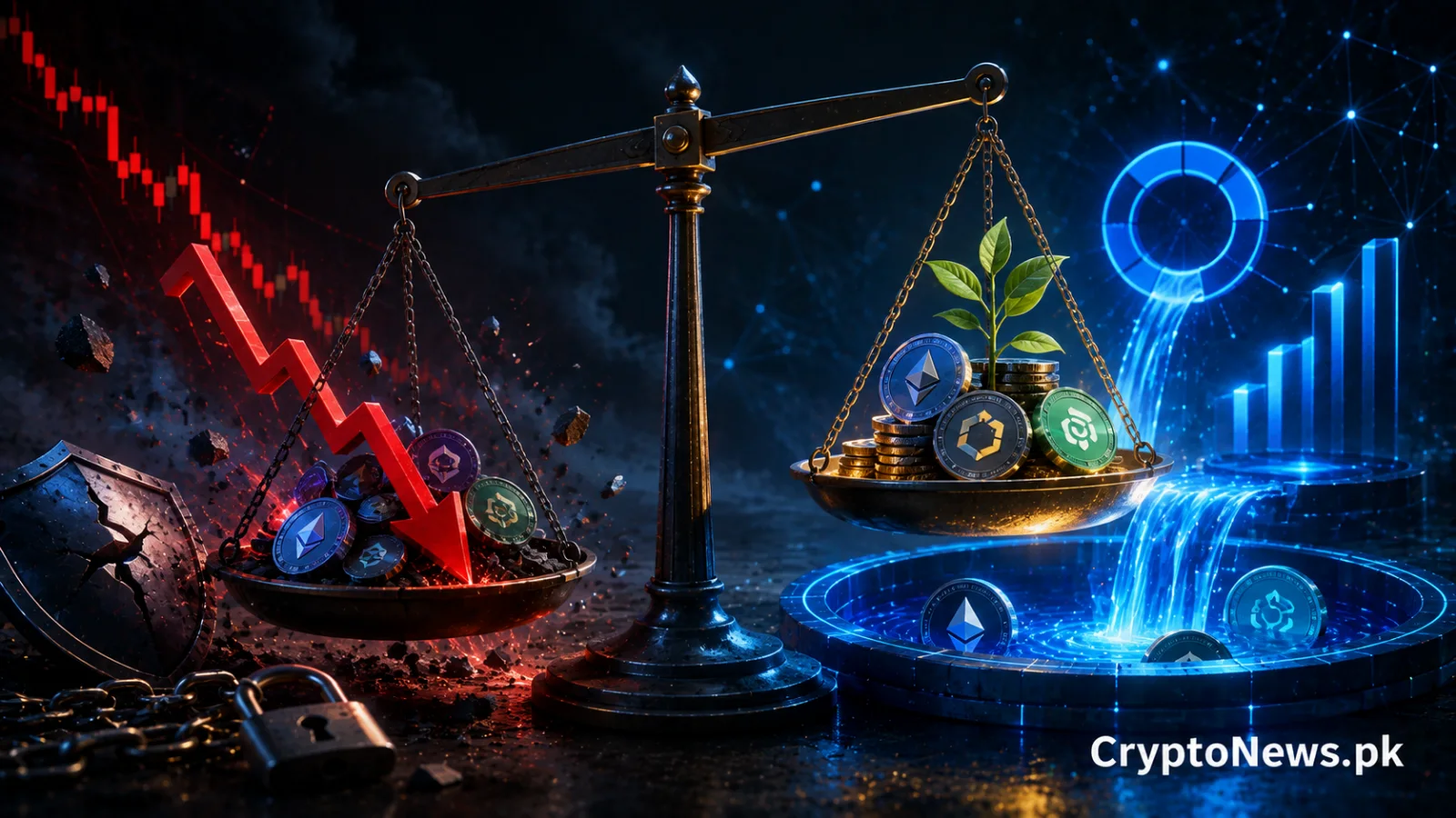 Balance scale contrasting collapsing DeFi strategies with sustainable crypto yield, illustrating the risks of high returns during market drawdowns.