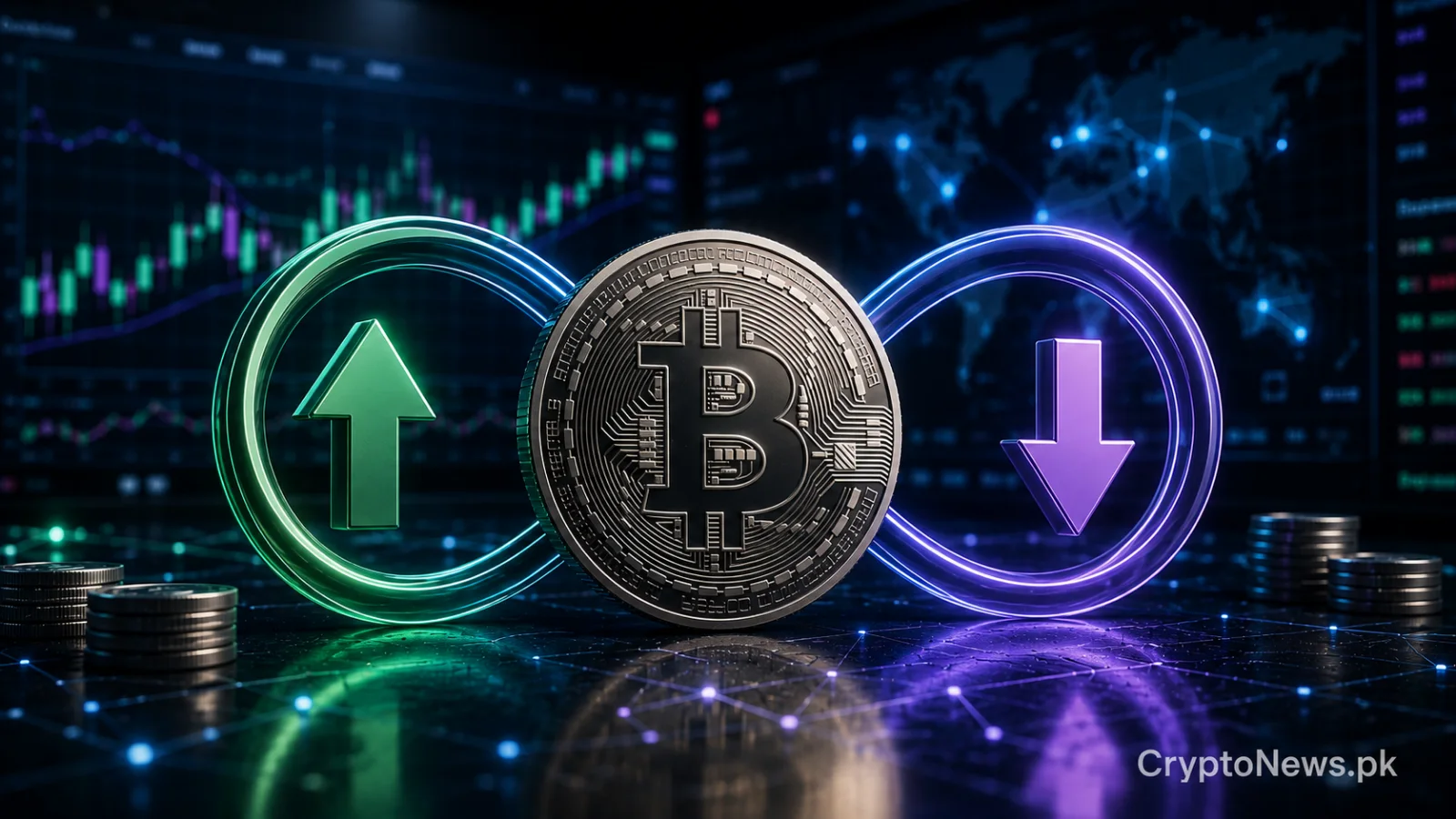 Gold Bitcoin coin inside an infinity-shaped futures mechanism with leverage and market charts, illustrating perpetual contracts, funding rates and liquidation risk.