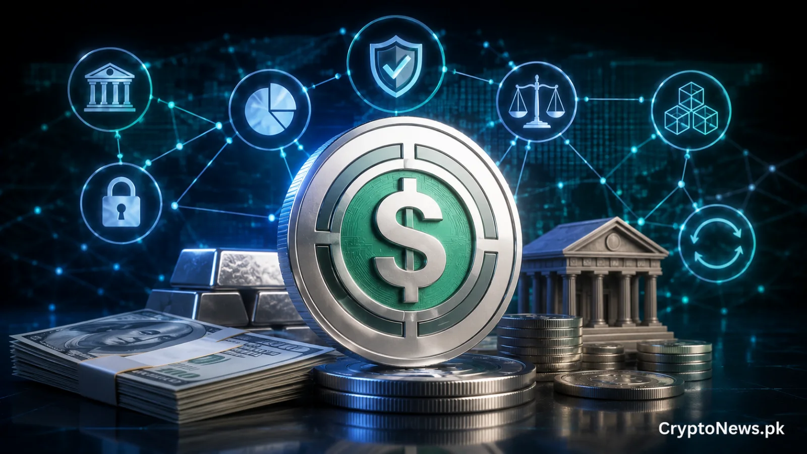 Metallic dollar-pegged stablecoin backed by reserves and blockchain infrastructure, illustrating stablecoin mechanisms in digital finance