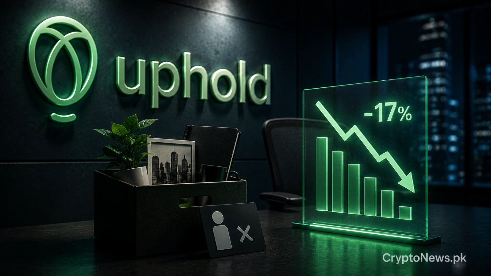 Metallic corporate structure shedding part of its workforce while shifting toward enterprise crypto infrastructure, symbolizing Uphold’s 17 percent staff reduction and strategic business pivot.
