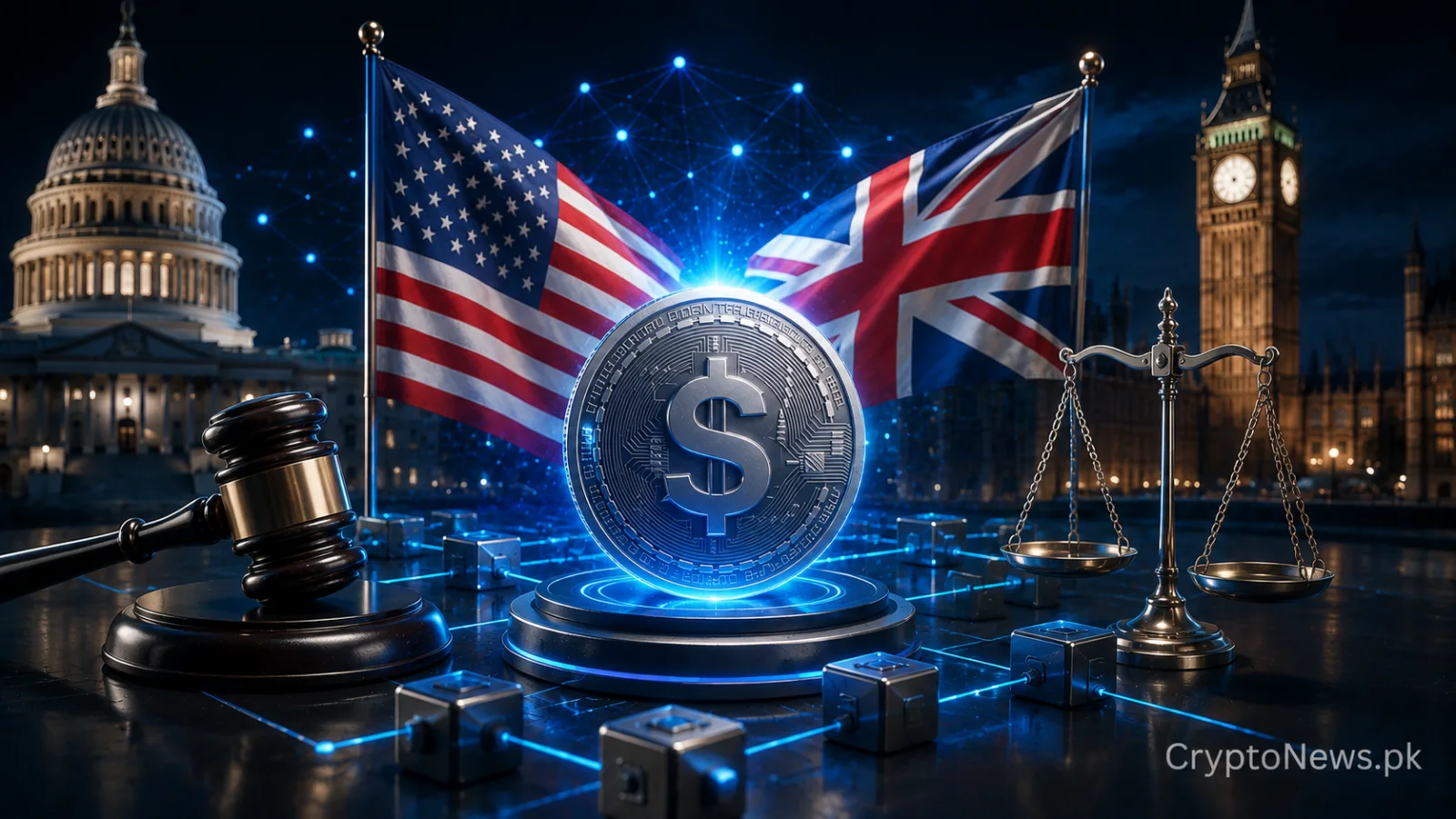stablecoin positioned between US and UK regulatory symbols, illustrating coordinated oversight of stablecoins and tokenized assets.
