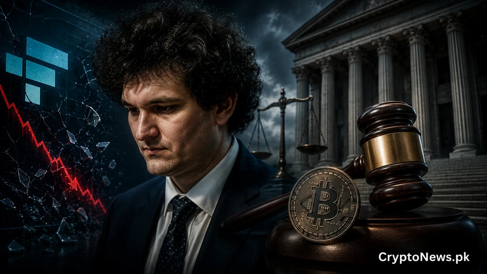 Sam Bankman-Fried beside a courthouse, judge’s gavel and Bitcoin, symbolizing the U.S. appellate court upholding his FTX fraud conviction and 25-year sentence.