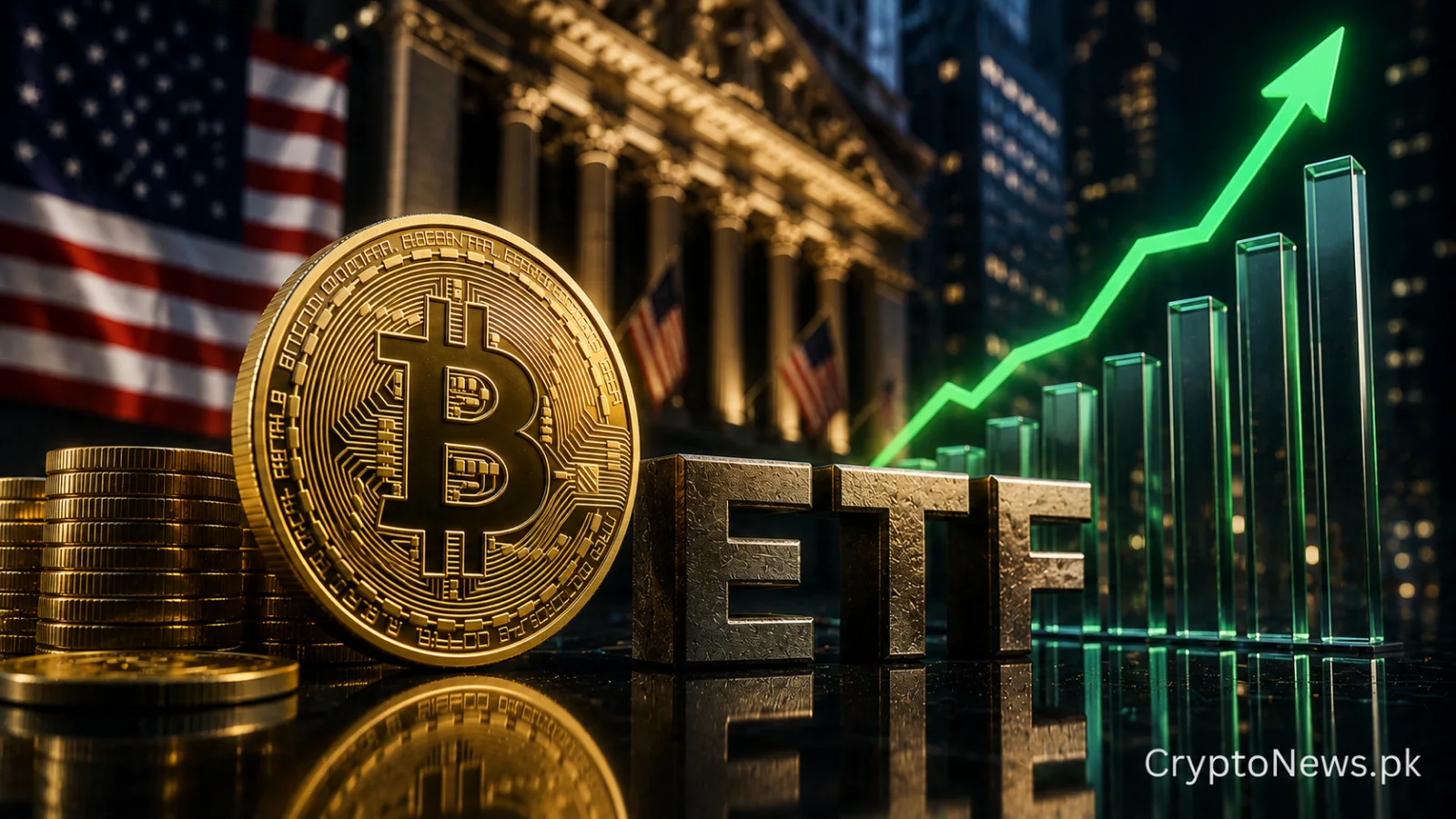 ایک ریگولیٹڈ ETF والٹ میں داخل ہوتا ہوا روشن بٹ کوائن، جو امریکی اسپاٹ بٹ کوائن ETF میں مسلسل تین دن کے سرمائے کے بہاؤ کو ظاہر کرتا ہے۔