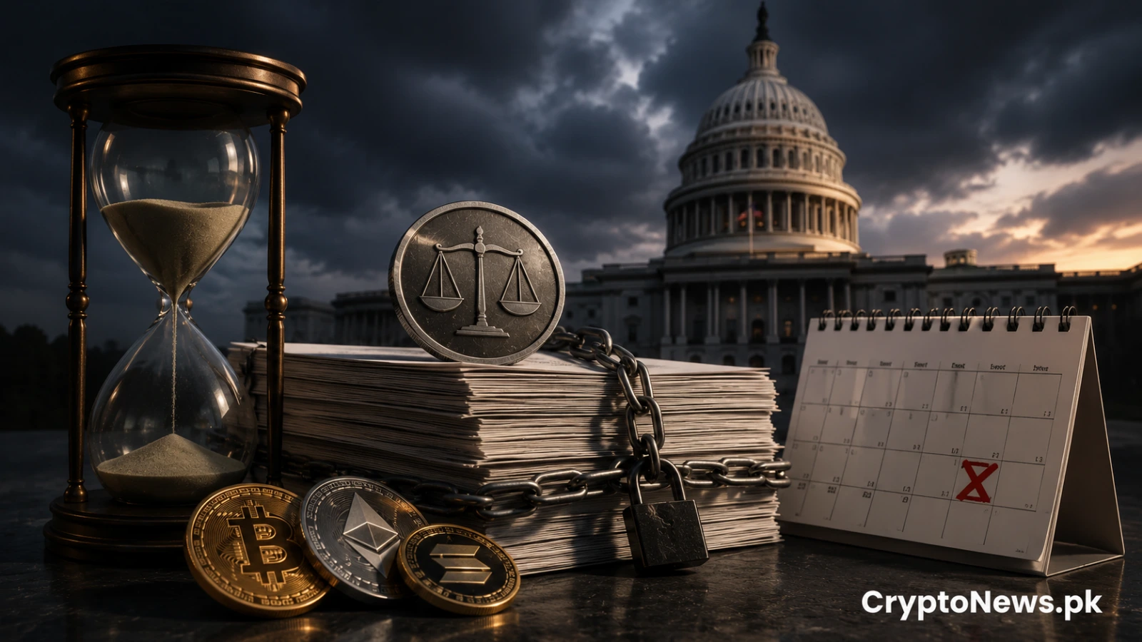 US crypto regulation delays represented by chained legislation, an hourglass, digital assets, and the US Capitol.