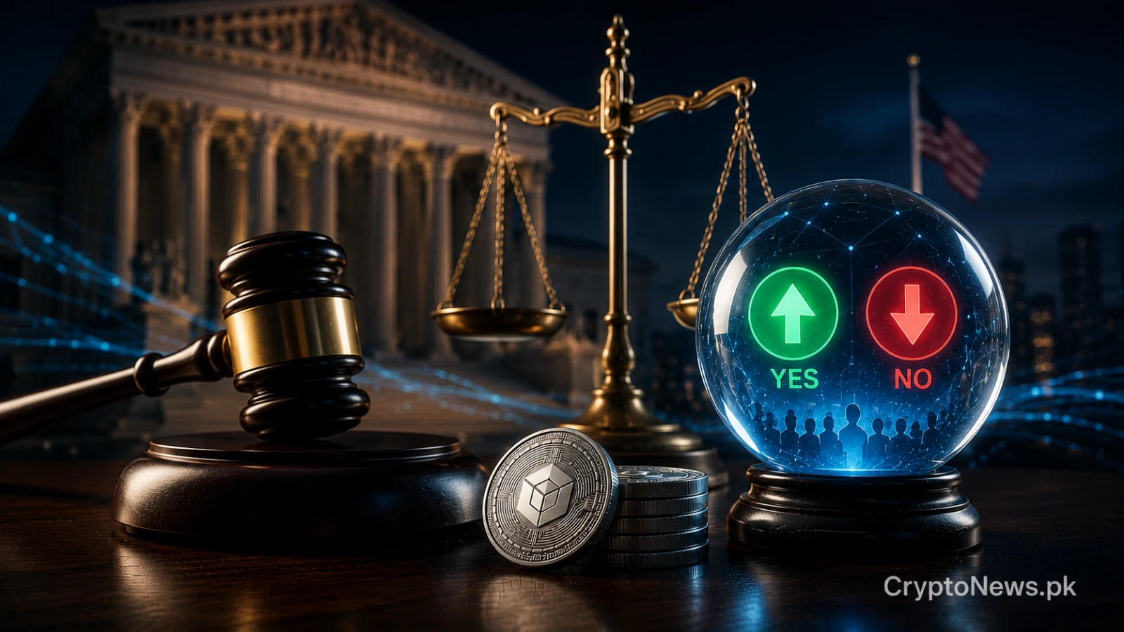 Metallic crystal ball balanced beside a judge’s gavel and blockchain network, symbolizing temporary U.S. court relief for crypto prediction market platforms.
