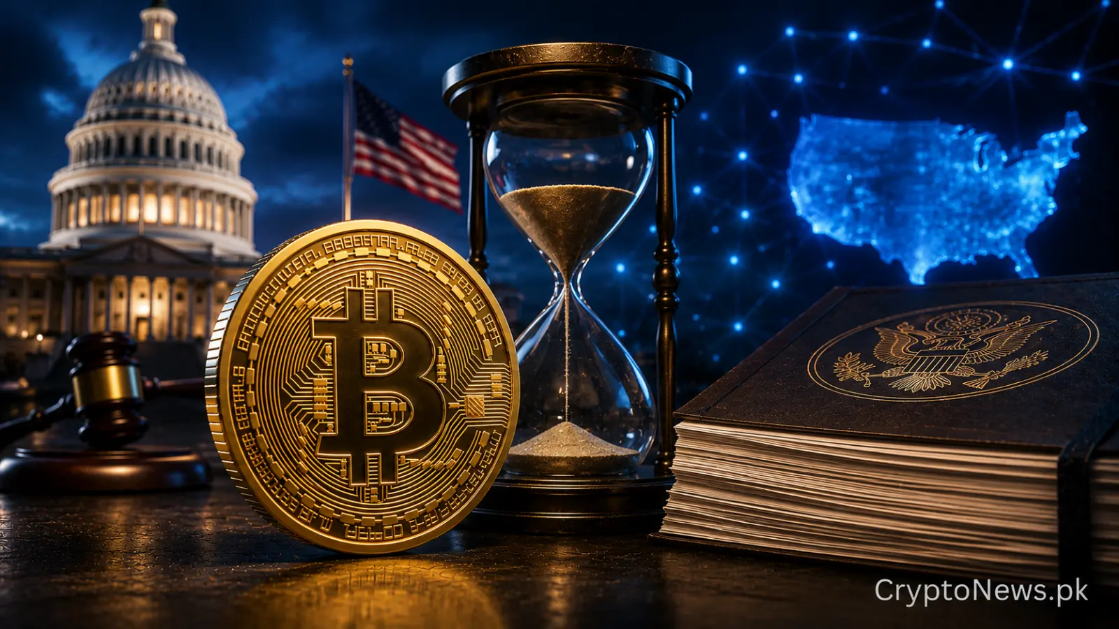 Urgent U.S. stablecoin legislation deadline represented by a gavel, hourglass and digital dollar token near the Capitol.