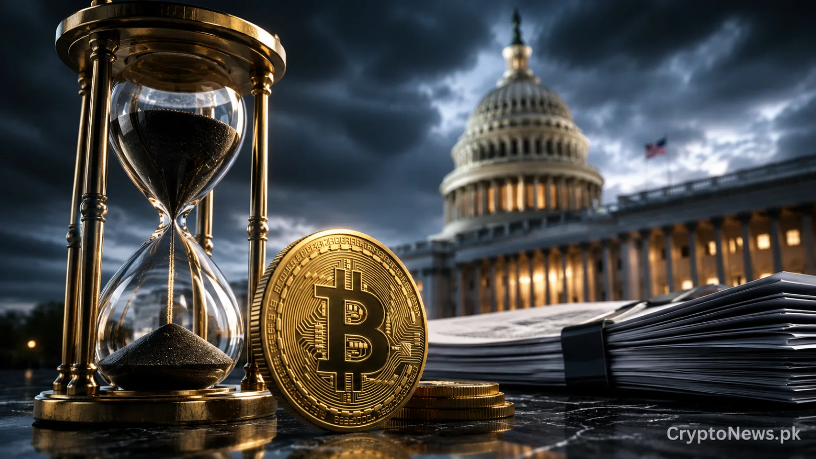 Metallic judge's gavel and chain symbolizing the urgent U.S. Senate deadline for crypto legislation.