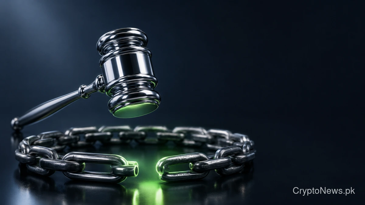 Chrome gavel above an unfinished chain symbolizes improving but uncertain odds for US crypto legislation.