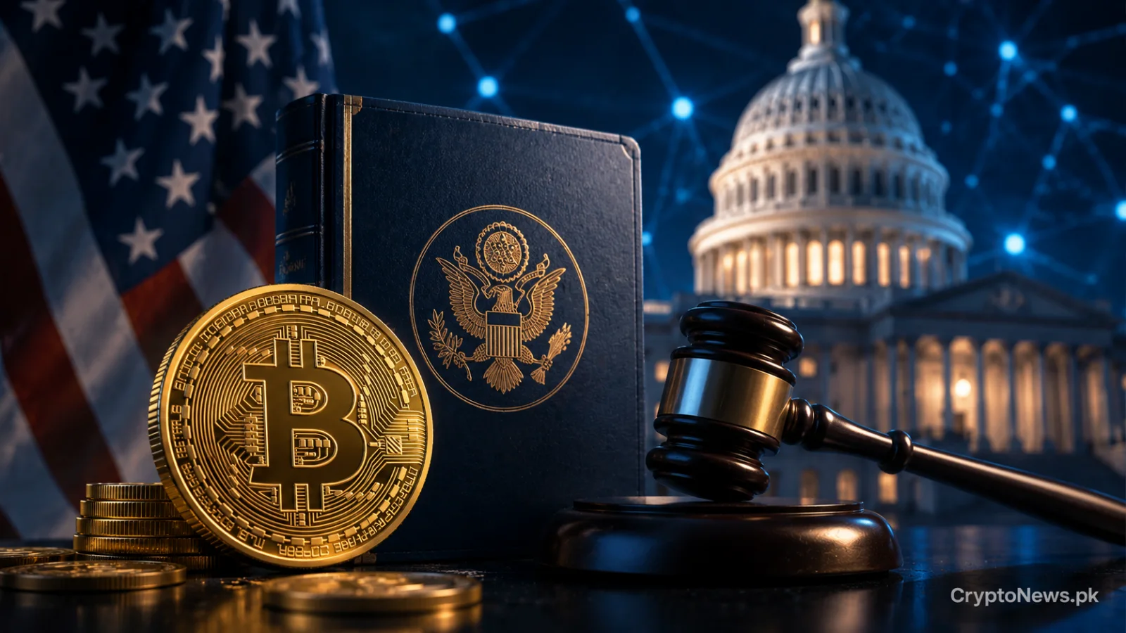 Bitcoin coin and judge’s gavel before the U.S. Capitol, representing the CLARITY Act nearing its final vote.
