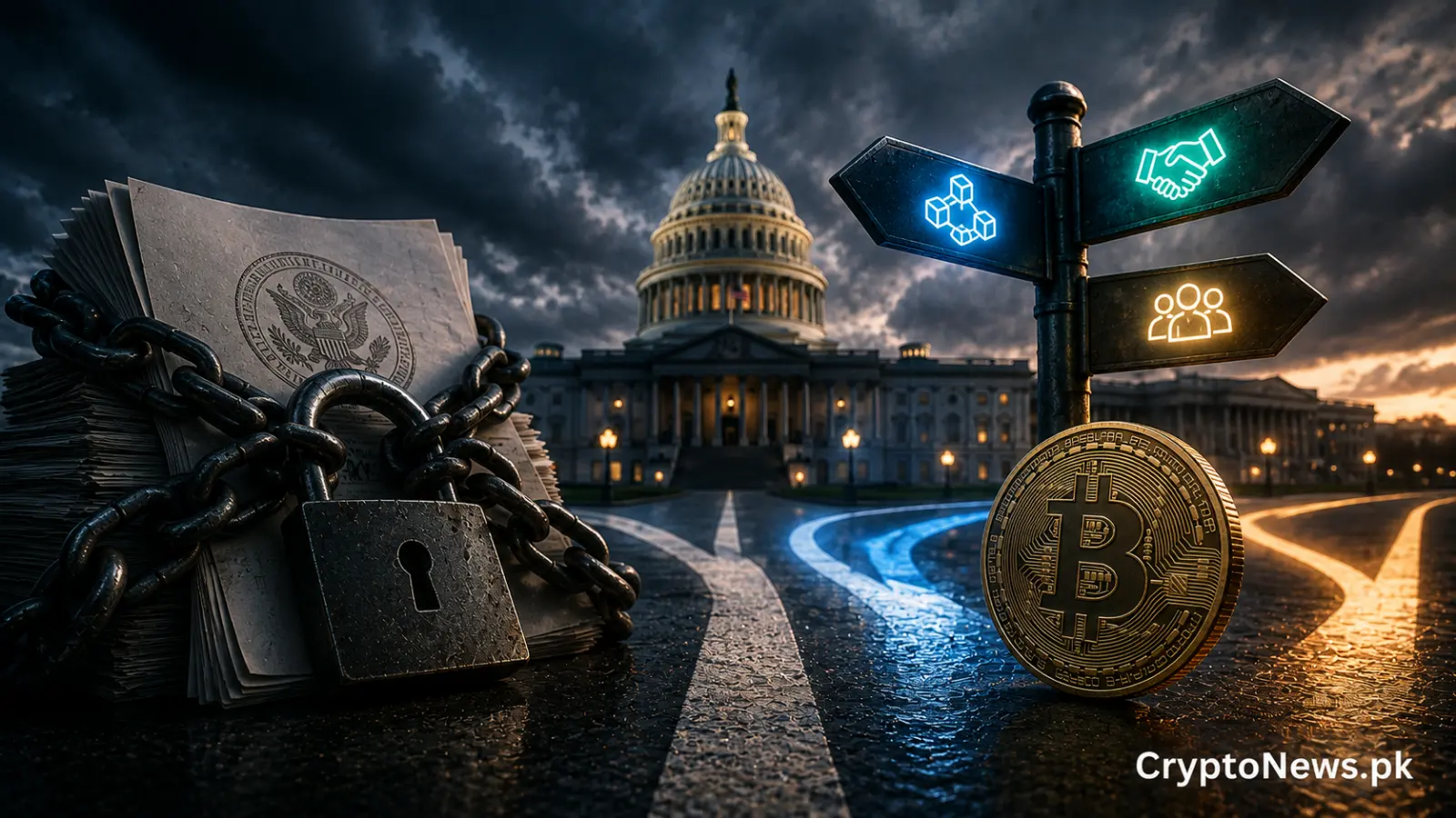 Bitcoin at a regulatory crossroads before the U.S. Capitol, symbolizing stalled crypto legislation and the industry’s shift toward courts and agency guidance.