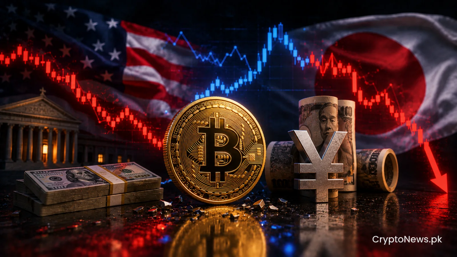 A polished Bitcoin coin caught between the U.S. dollar and Japanese yen as a volatile market chart signals carry-trade unwinding