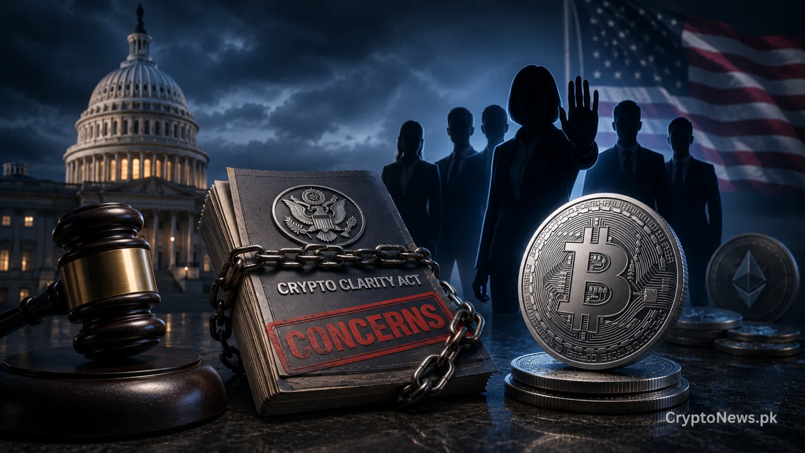 Chained crypto legislation dossier, gavel, and Bitcoin coin symbolizing Democrattor protection and regulatory oversight.
