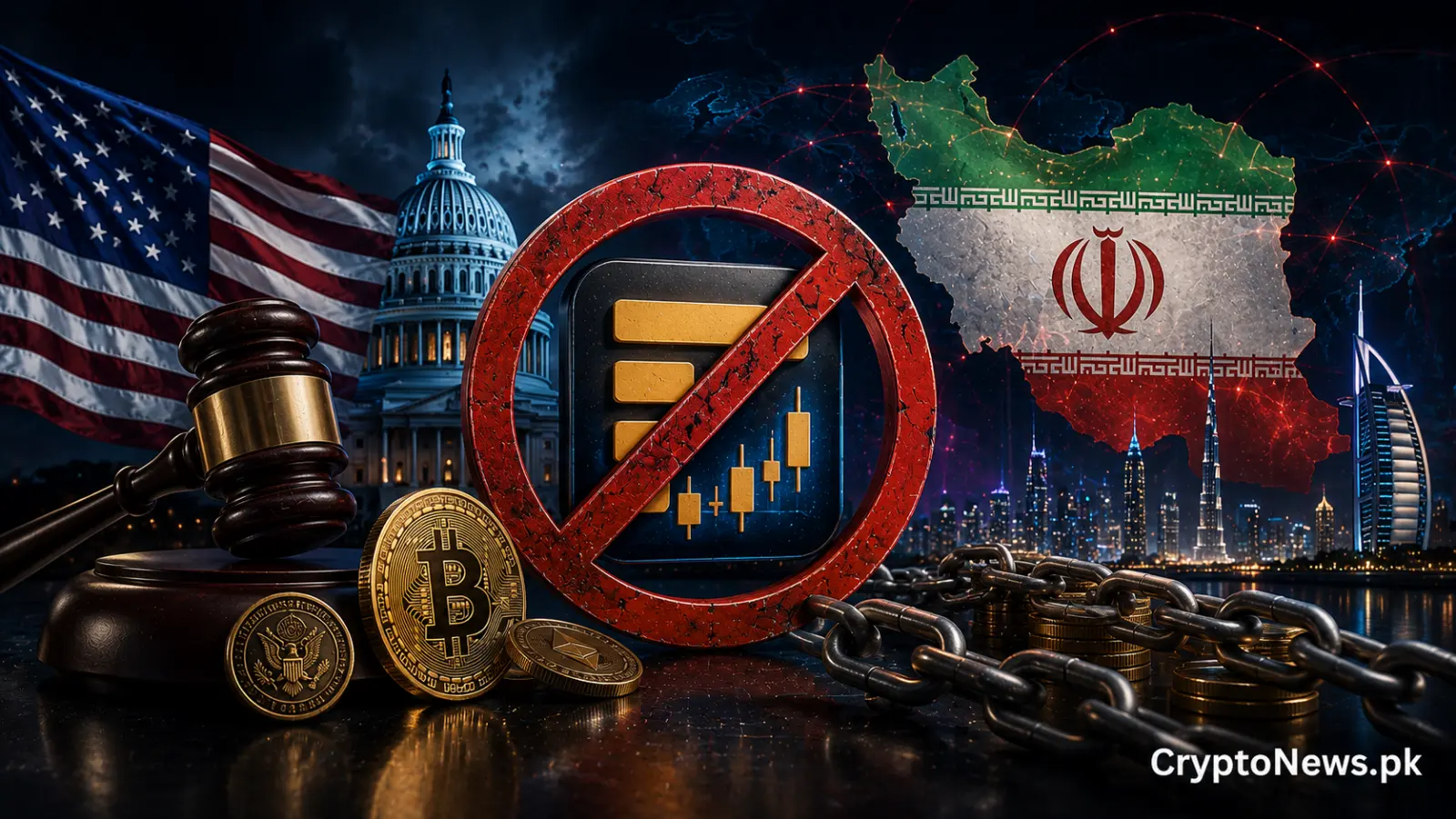U.S. sanctions target Dubai-based crypto exchange Shelbit over alleged Iran ties, illustrated with crypto assets, a gavel, chains and U.S.-Iran imagery.