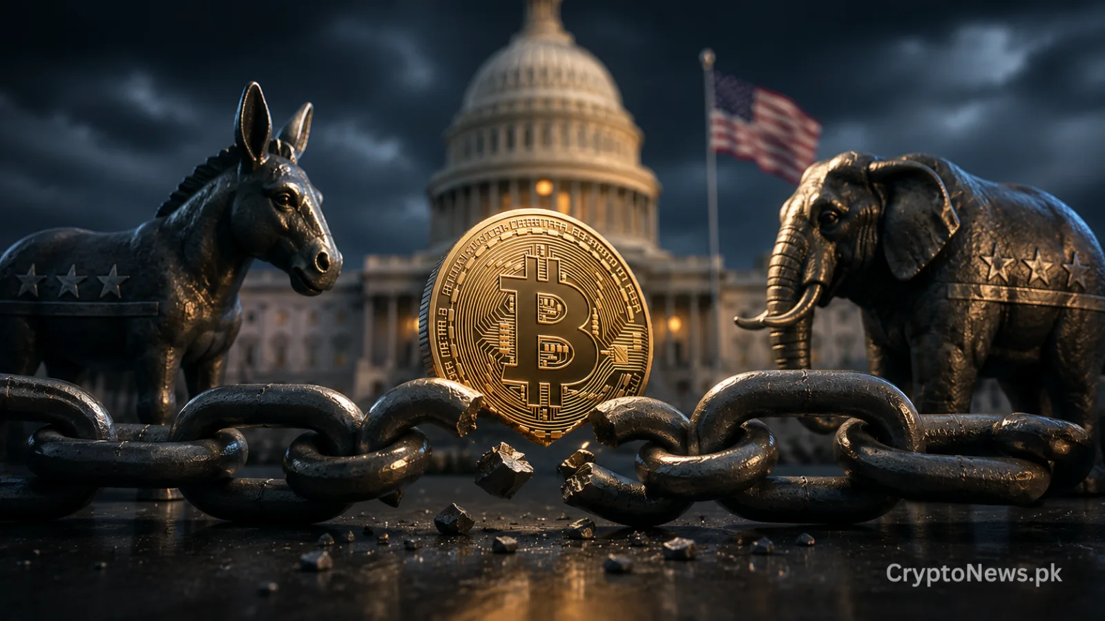Gold Bitcoin coin caught between broken political chains outside the US Capitol, symbolizing the delayed crypto clarity bill.