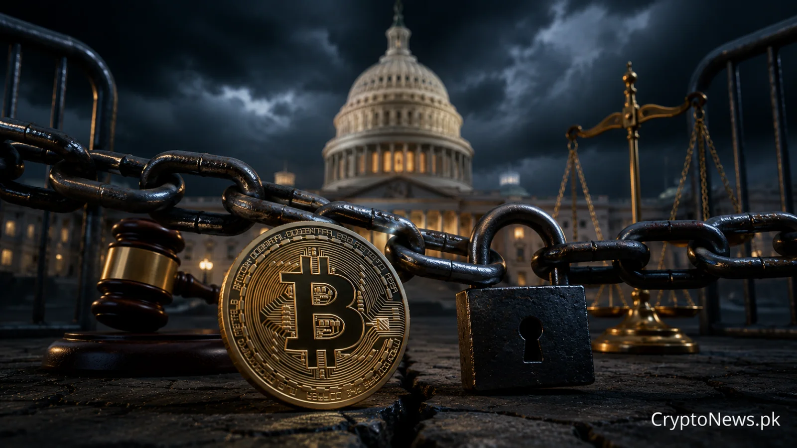 Bitcoin blocked by heavy chains outside the US Capitol, symbolizing stalled crypto legislation and ethics concerns