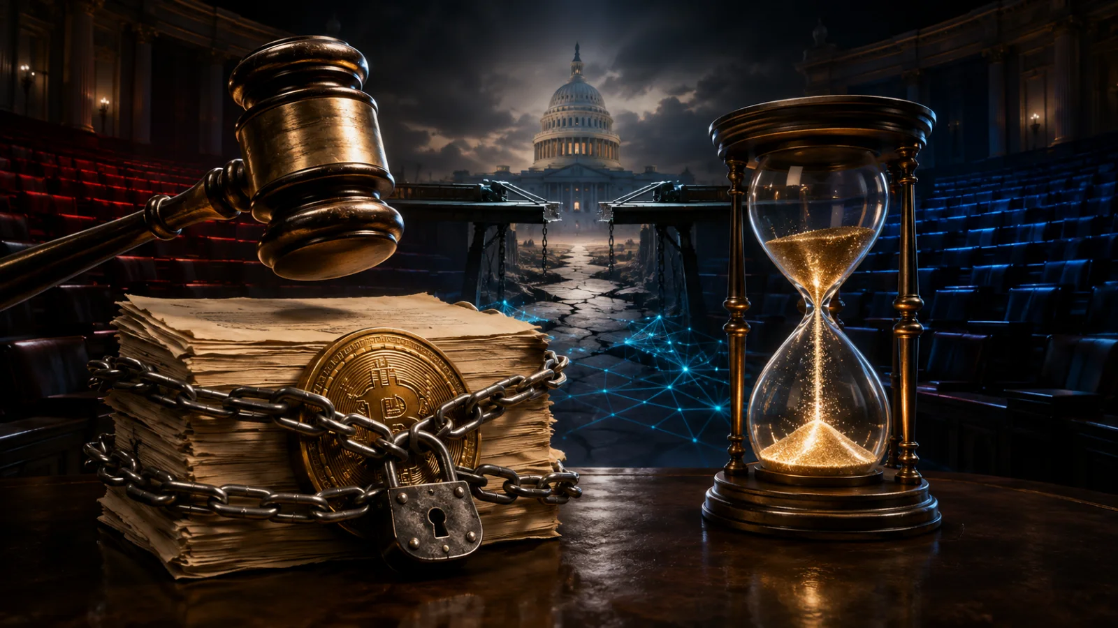 A chained crypto bill, suspended gavel and running hourglass symbolize the stalled and rushed U.S. CLARITY Act vote.