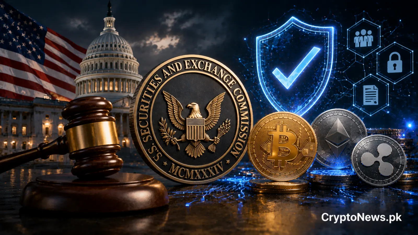 U.S. SEC crypto regulation concept showing a gavel and digital assets as regulators propose new exemptions for token sales.