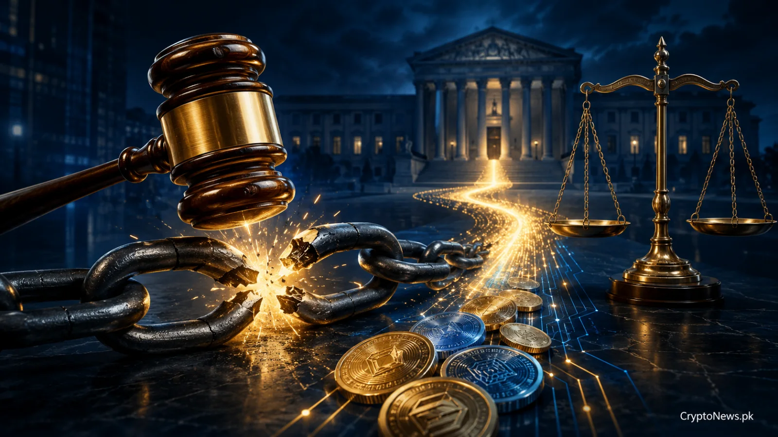 A judge’s gavel breaking a regulatory chain, symbolizing the SEC’s landmark crypto regulation proposal.