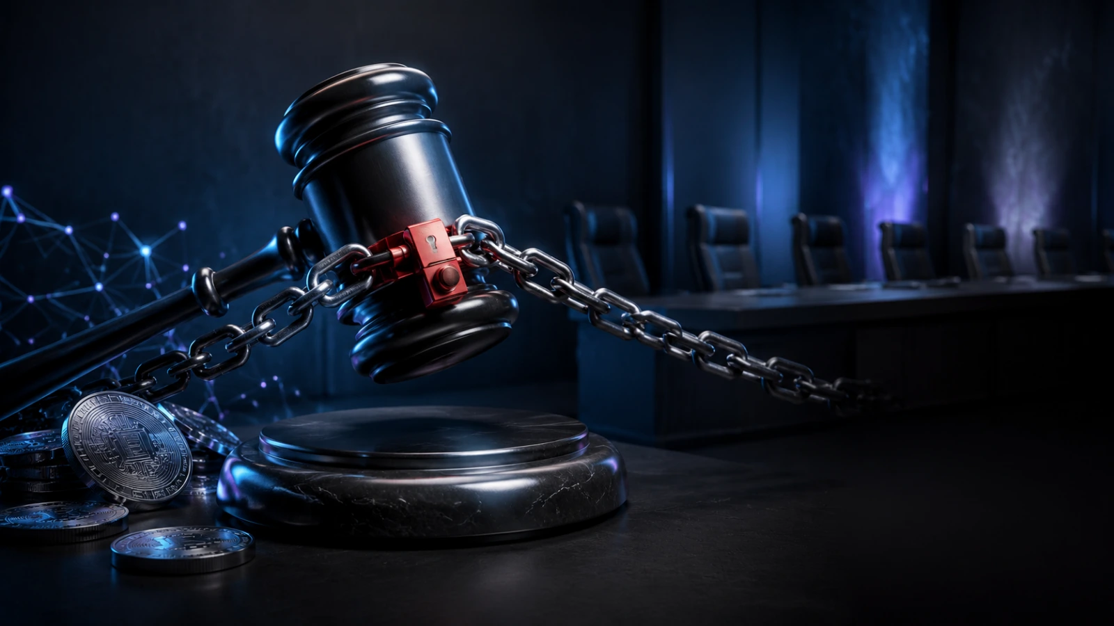 Chained judge’s gavel symbolizes the SEC’s cancelled crypto rulemaking meeting.