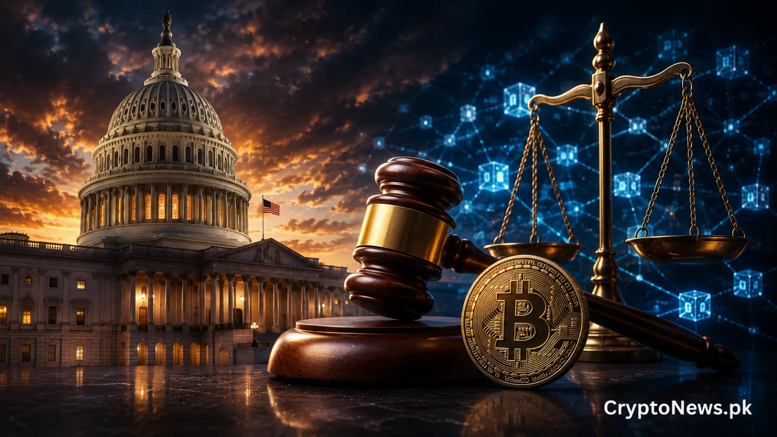 U.S. Senate advances landmark cryptocurrency legislation, represented by the Capitol, Bitcoin, a judge’s gavel and scales of justice.