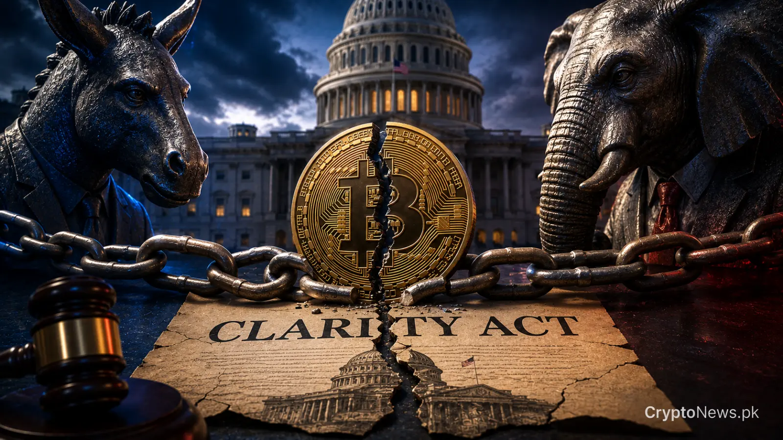 Divided US lawmakers, a fractured Bitcoin coin and legal symbols representing the stalled CLARITY Act.
