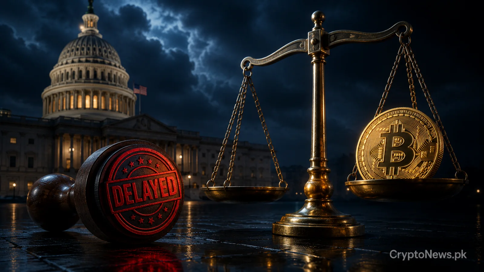 U.S. Capitol, a suspended judge’s gavel and a gold Bitcoin coin symbolize the Senate’s delayed Crypto Clarity Act and continued regulatory uncertainty.