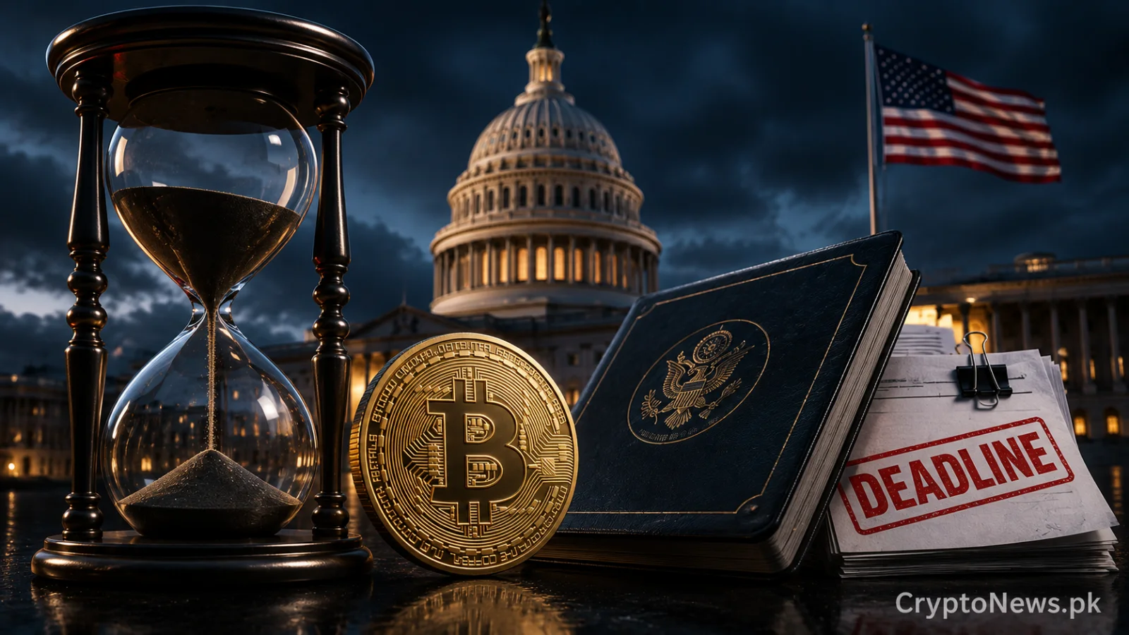 crypto regulation concept showing a Bitcoin coin beside a judge’s gavel and the US Capitol, symbolizing the Senate deadline for the Clarity Act.