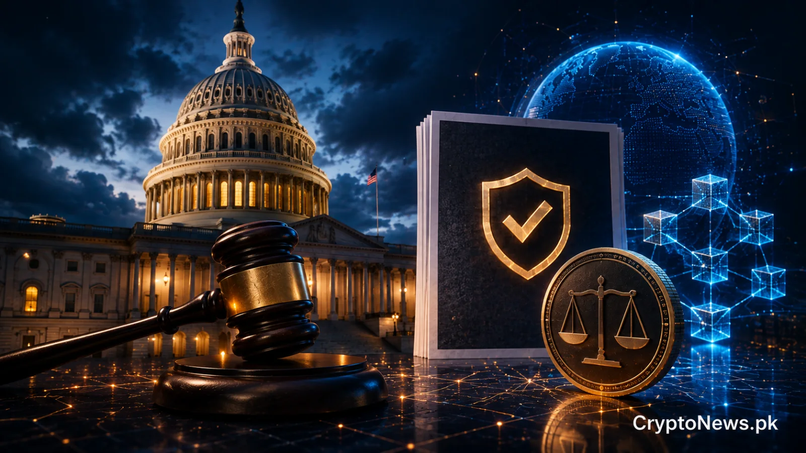 U.S. Capitol, gavel and blockchain imagery representing the Senate’s crucial vote on the crypto CLARITY Act.