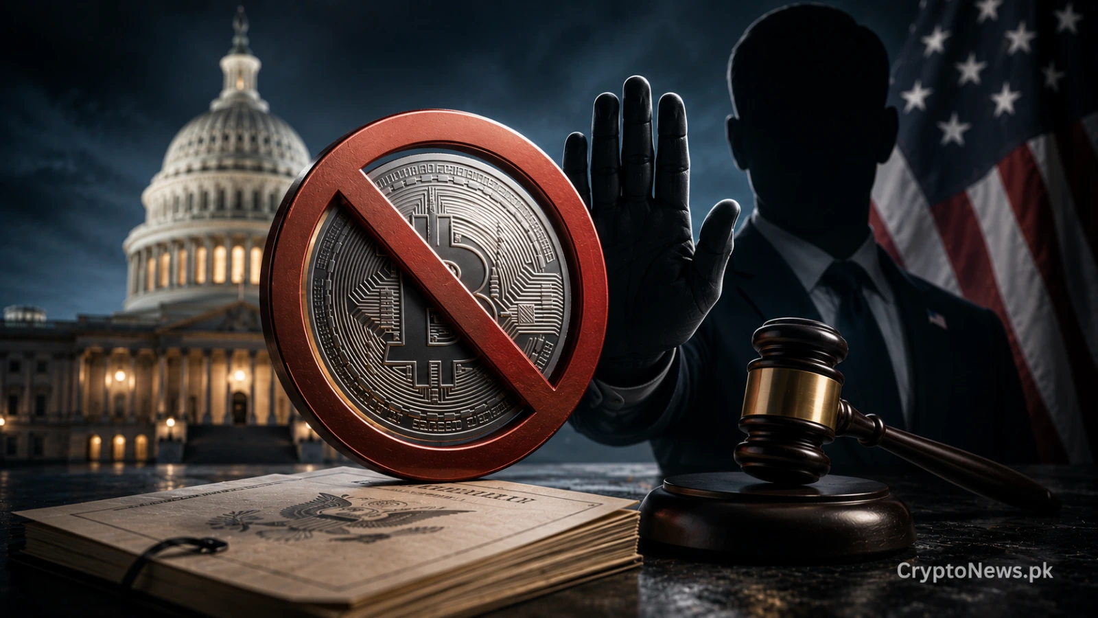 Prohibited cryptocurrency coin beside a government official and gavel, represtrictions on officials issuing digital assets