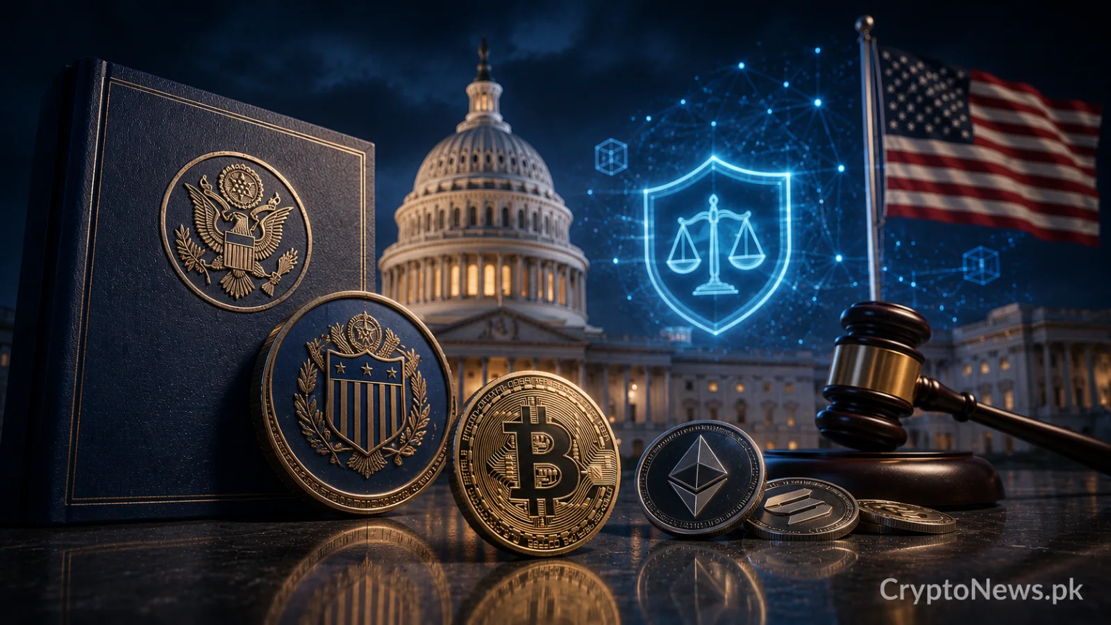U.S. Capitol, legal gavel and crypto coins illustrating the Senate’s updated Clarity Act for digital asset regulation.