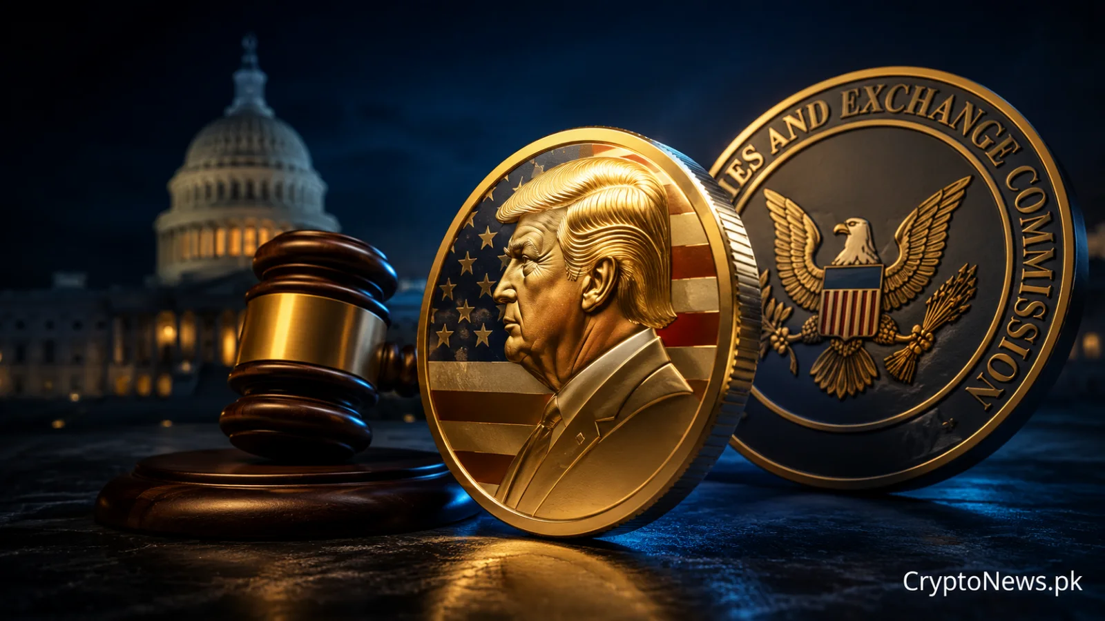 Metallic political memecoin beside an SEC gavel, symbolizing US regulatory scrutiny of a Trump-linked crypto project.
