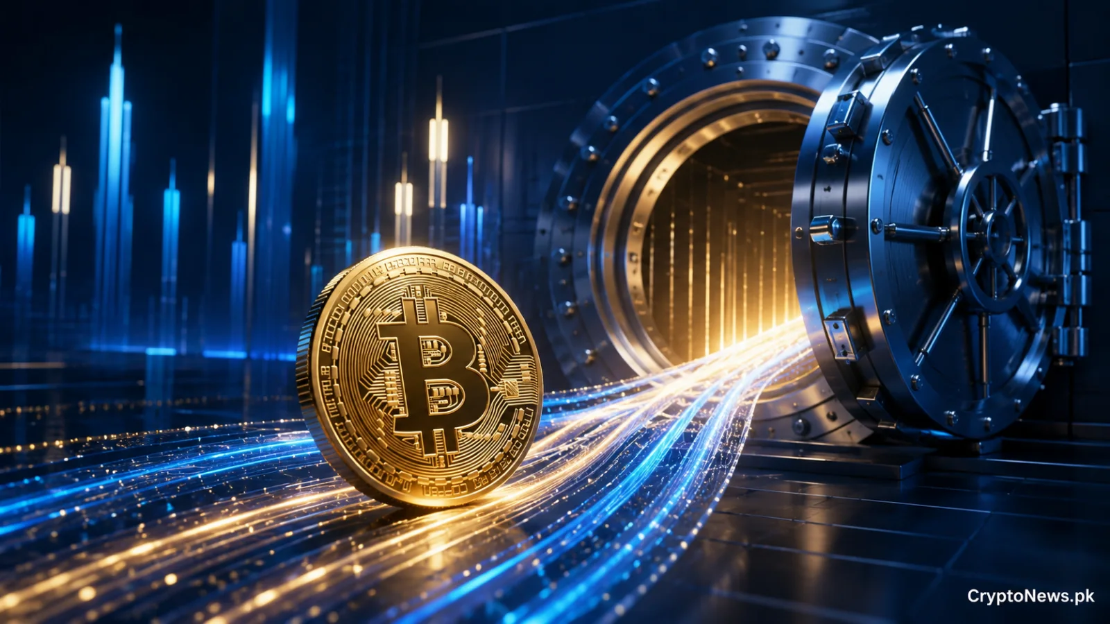 Bitcoin flowing into an institutional vault, representing strong August inflows into US spot Bitcoin ETFs.