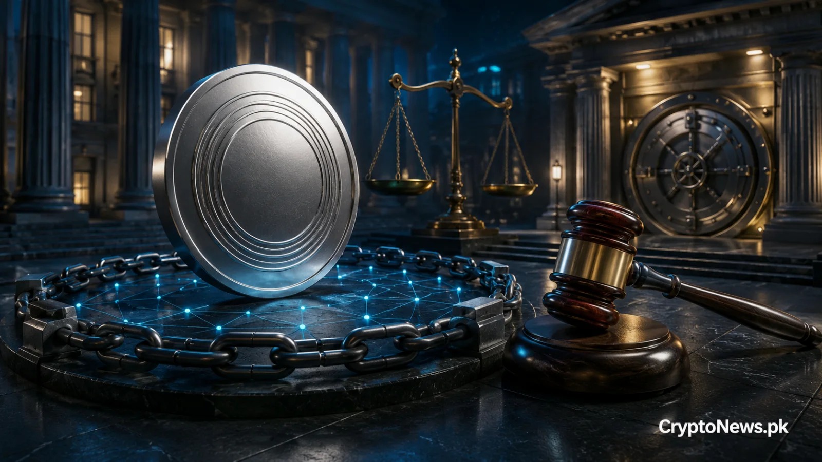 U.S. regulatory oversight represented by a gavel, chained stablecoin and institutional vault.
