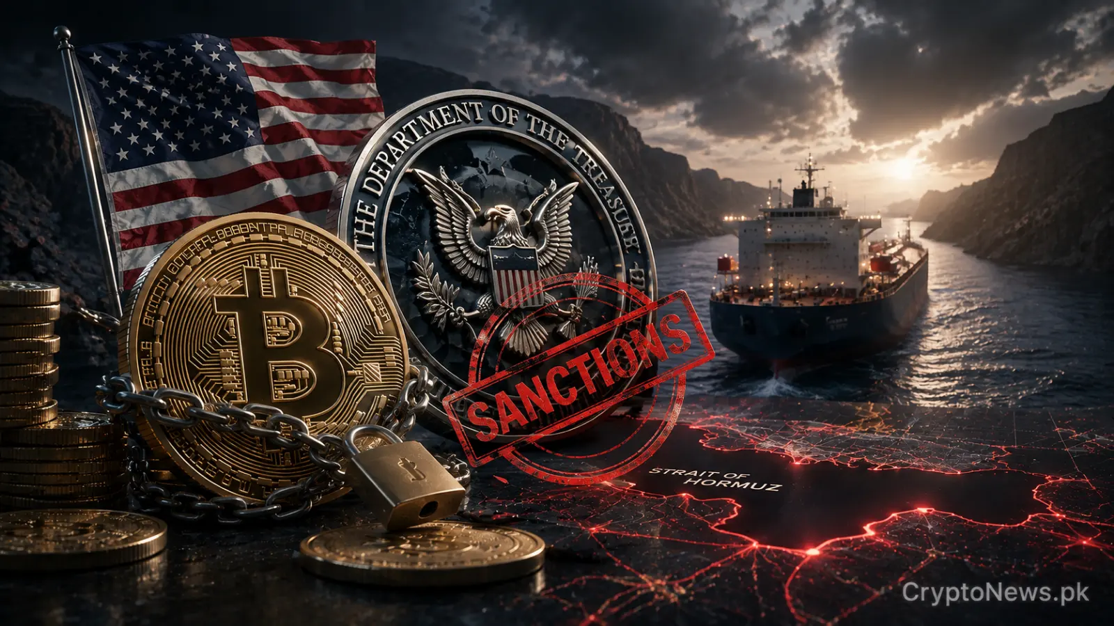 Chained Bitcoin, U.S. Treasury seal and cargo vessel representing sanctions on a crypto-linked shipping insurance scheme in the Strait of Hormuz.