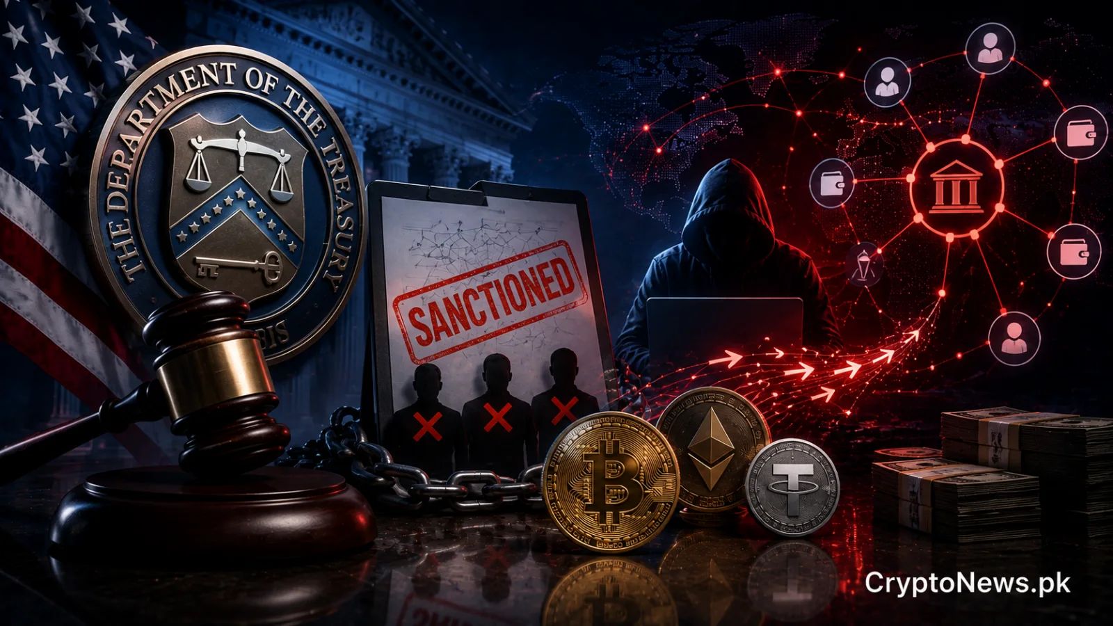 U.S. Treasury sanctions targeting crypto laundering networks linked to Iran’s IRGC, illustrated with digital assets and enforcement imagery.