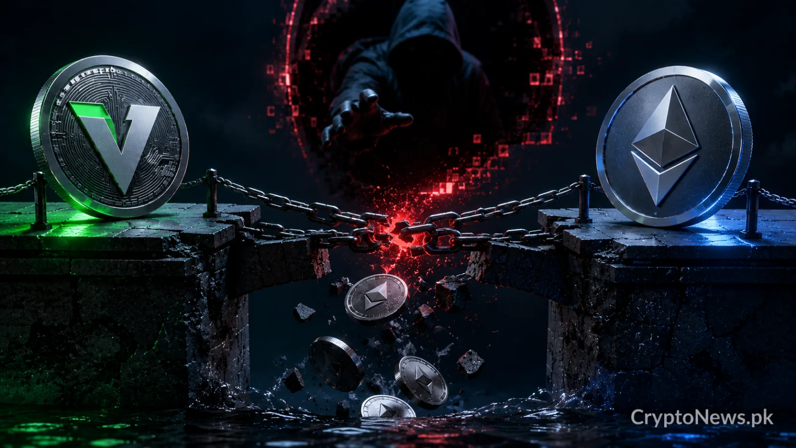 Broken cross-chain bridge between Verus and Ethereum with stolen tokens falling during a repeat $7.5 million exploit.
