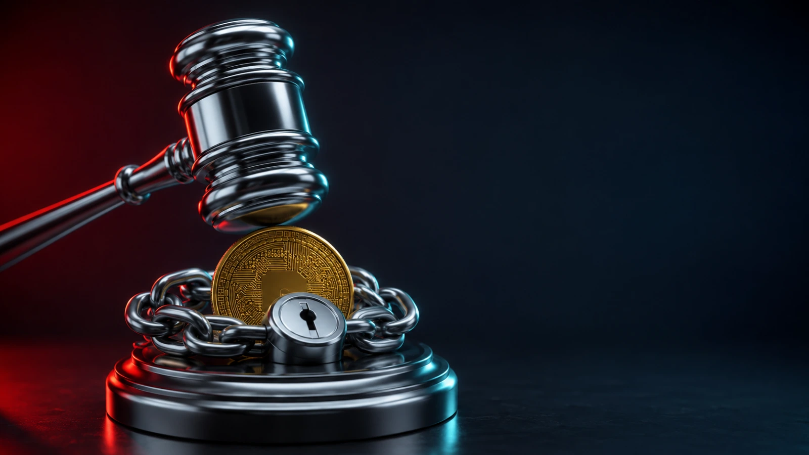 Chrome gavel and chained crypto coin symbolize Vietnam’s fines for trading on unlicensed platforms.