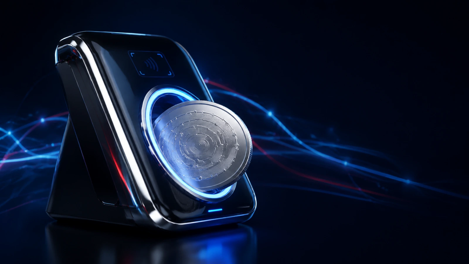 Silver stablecoin entering a futuristic payment terminal, symbolizing Visa and Dunamu’s global payment partnership.