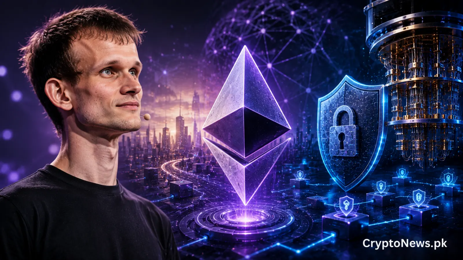 Ethereum’s quantum-security roadmap visualized with a glowing ETH symbol, secure network shield and quantum computing hardware, reflecting Vitalik Buterin’s plan to future-proof the blockchain.