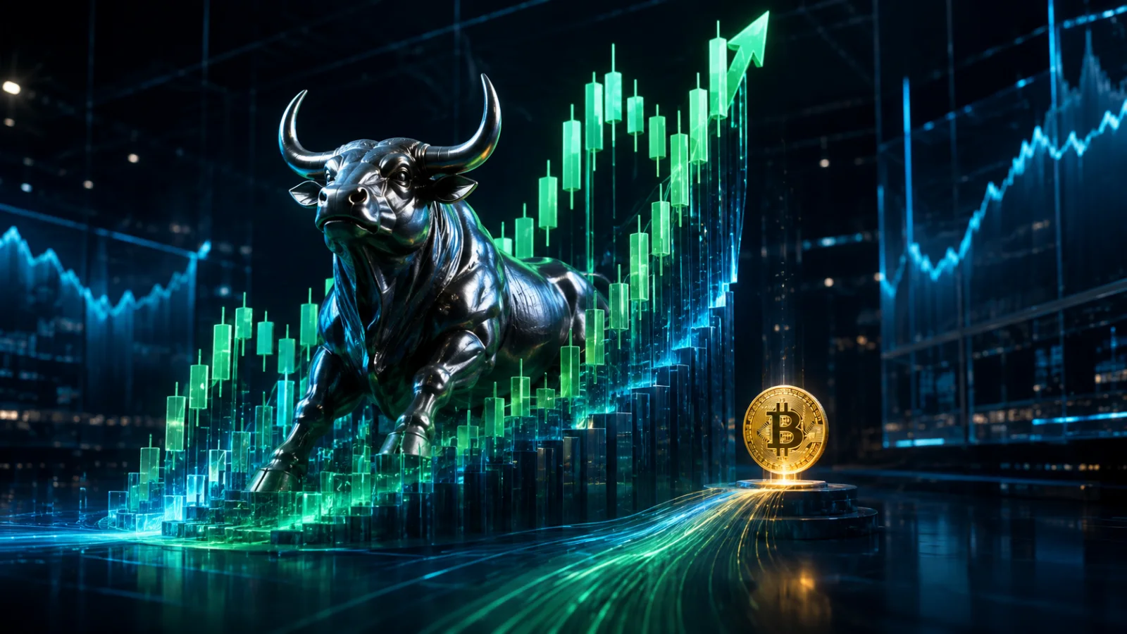 A metallic bull rises through market charts while a smaller Bitcoin coin represents Webull’s modest crypto revenue contribution.