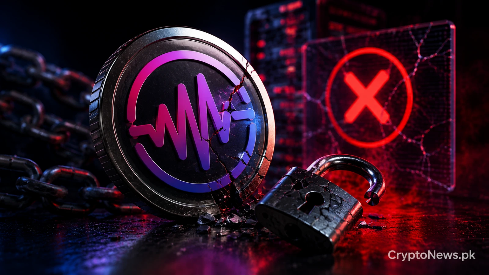 Cracked WEMIX token and broken padlock illustrating a major smart contract security breach.